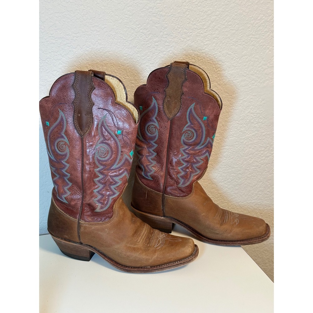 Justin Handcrafted USA Women's Square Toe Western Boots J4158 Oxblood Teal Sz 8B